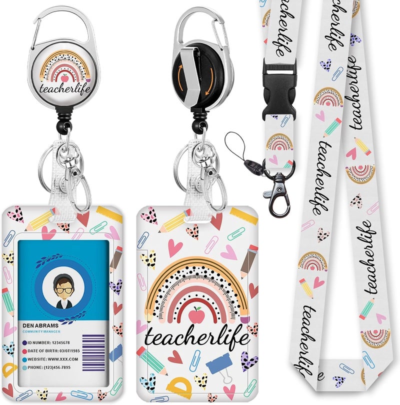 GIANCOMICS Teacher Lanyards for Id Badges, ID Badge Holder with Lanyard Badge Reel Retractable, Rainbow Cute Lanyard with ID Holder Keychain Clip Name Tag ID Card Holder for Women Men Work Office - Image 1